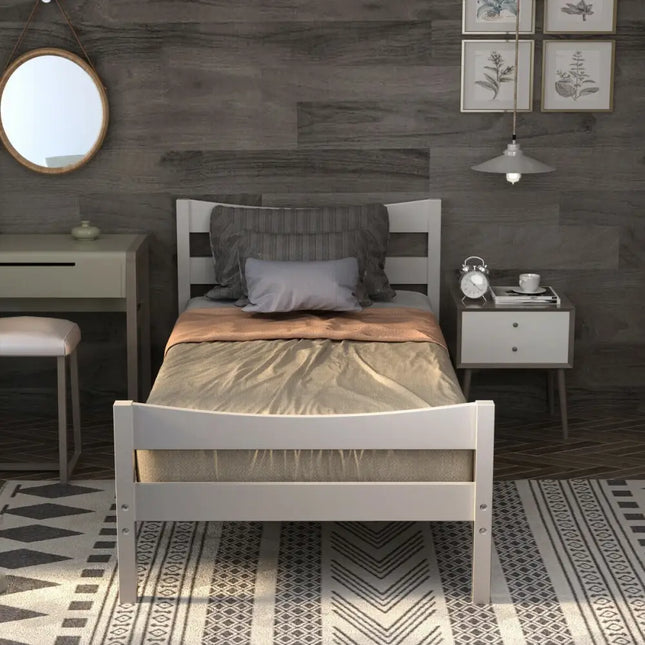 Twin Size Platform Bed Frame Foundation Slat Support -White - White - Simple Bed Frame