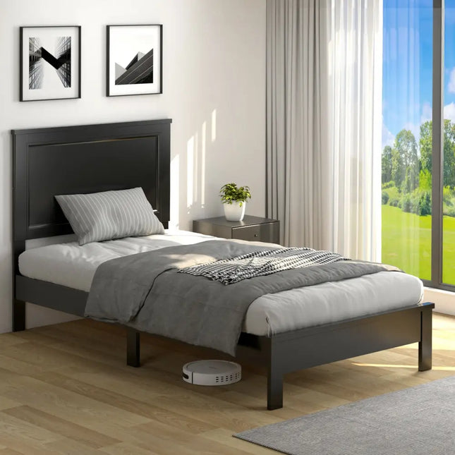 Twin Size Platform Bed Frame with Rubber Wood Leg-Black - Black - Simple Bed Frame