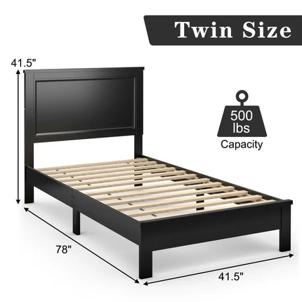Twin Size Platform Bed Frame with Rubber Wood Leg-Black - Black - Simple Bed Frame
