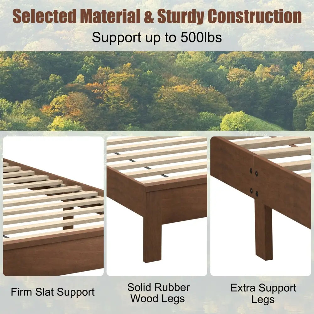 Twin Size Platform Bed Frame with Rubber Wood Leg-Walnut - Walnut - Simple Bed Frame