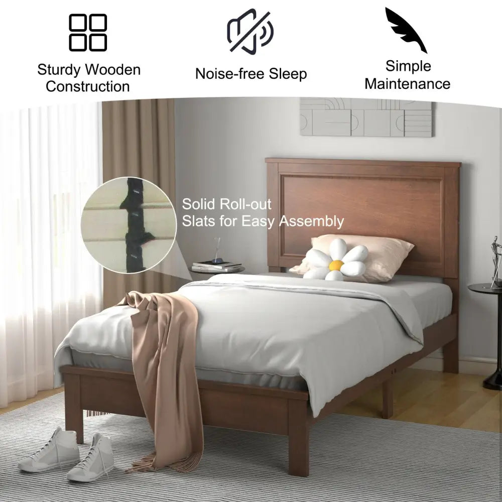 Twin Size Platform Bed Frame with Rubber Wood Leg-Walnut - Walnut - Simple Bed Frame