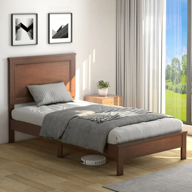 Twin Size Platform Bed Frame with Rubber Wood Leg-Walnut - Walnut - Simple Bed Frame