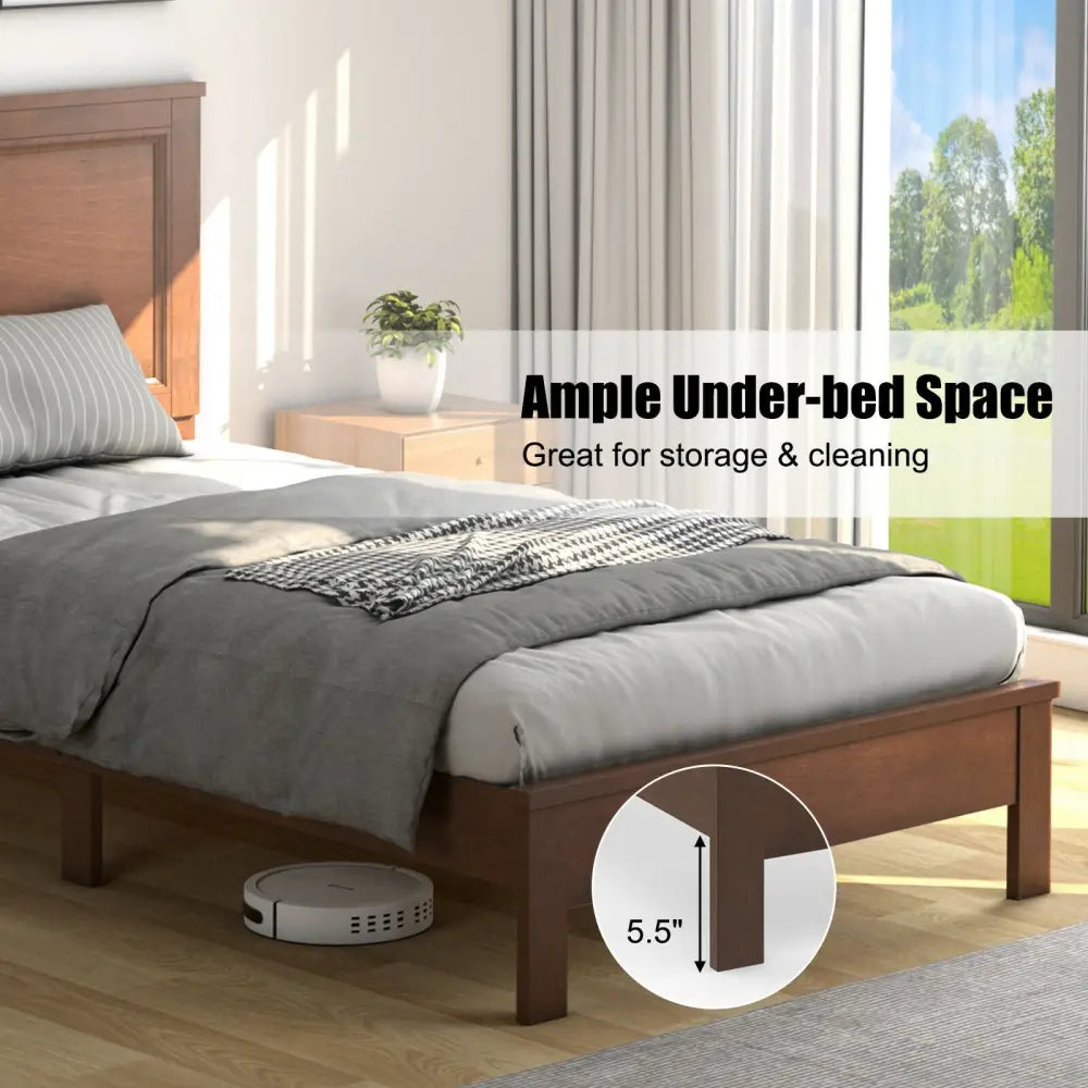 Twin Size Platform Bed Frame with Rubber Wood Leg-Walnut - Walnut - Simple Bed Frame