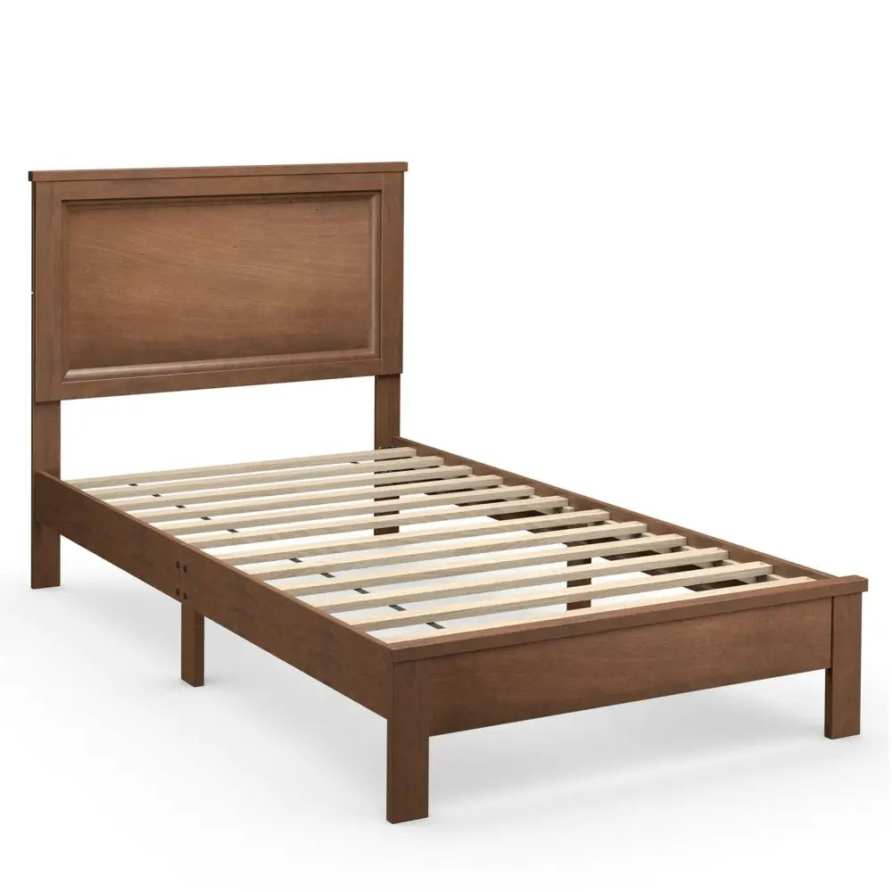 Twin Size Platform Bed Frame with Rubber Wood Leg-Walnut - Walnut - Simple Bed Frame