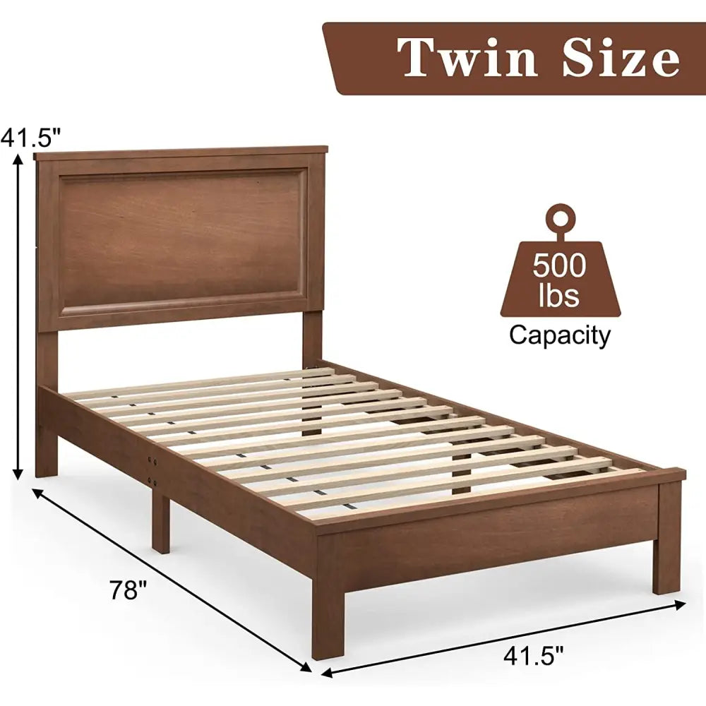 Twin Size Platform Bed Frame with Rubber Wood Leg-Walnut - Walnut - Simple Bed Frame