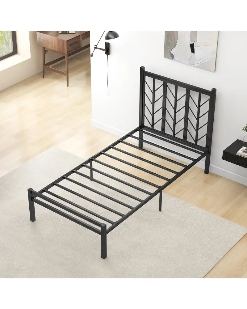 Twin Size Platform Bed with Headboard and Metal Frame-Twin Size - Black - Simple Bed Frame