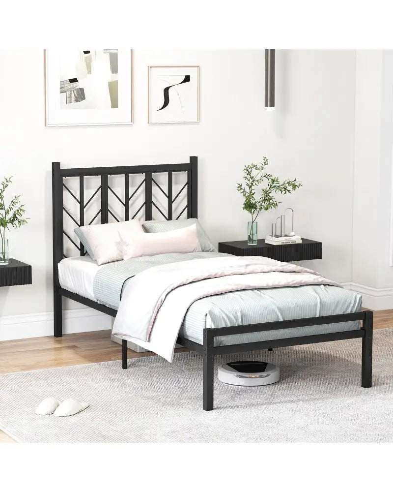 Twin Size Platform Bed with Headboard and Metal Frame-Twin Size - Black - Simple Bed Frame