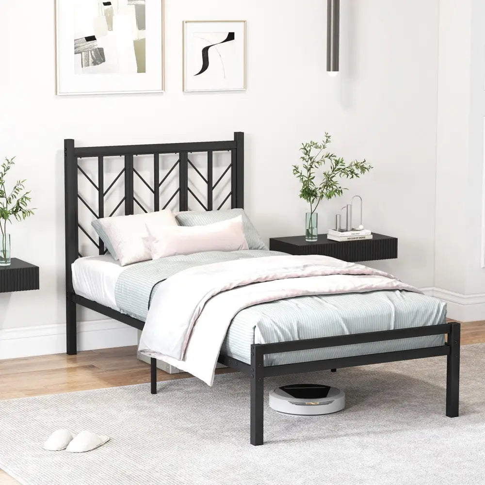 Twin Size Platform Bed with Headboard and Metal Frame-Twin Size - Black - Simple Bed Frame