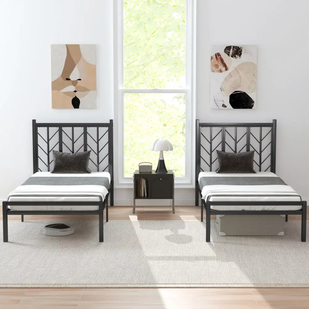 Twin Size Platform Bed with Headboard and Metal Frame-Twin Size - Black - Simple Bed Frame