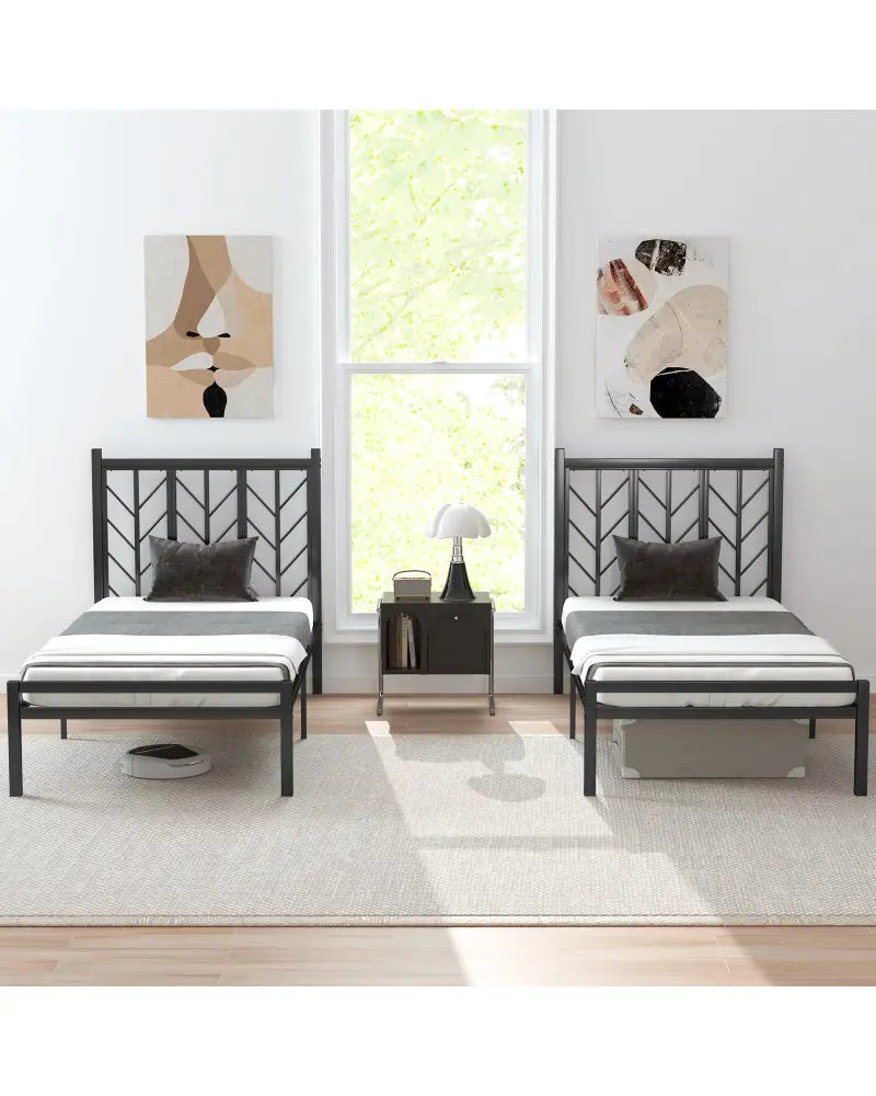 Twin Size Platform Bed with Headboard and Metal Frame-Twin Size - Black - Simple Bed Frame