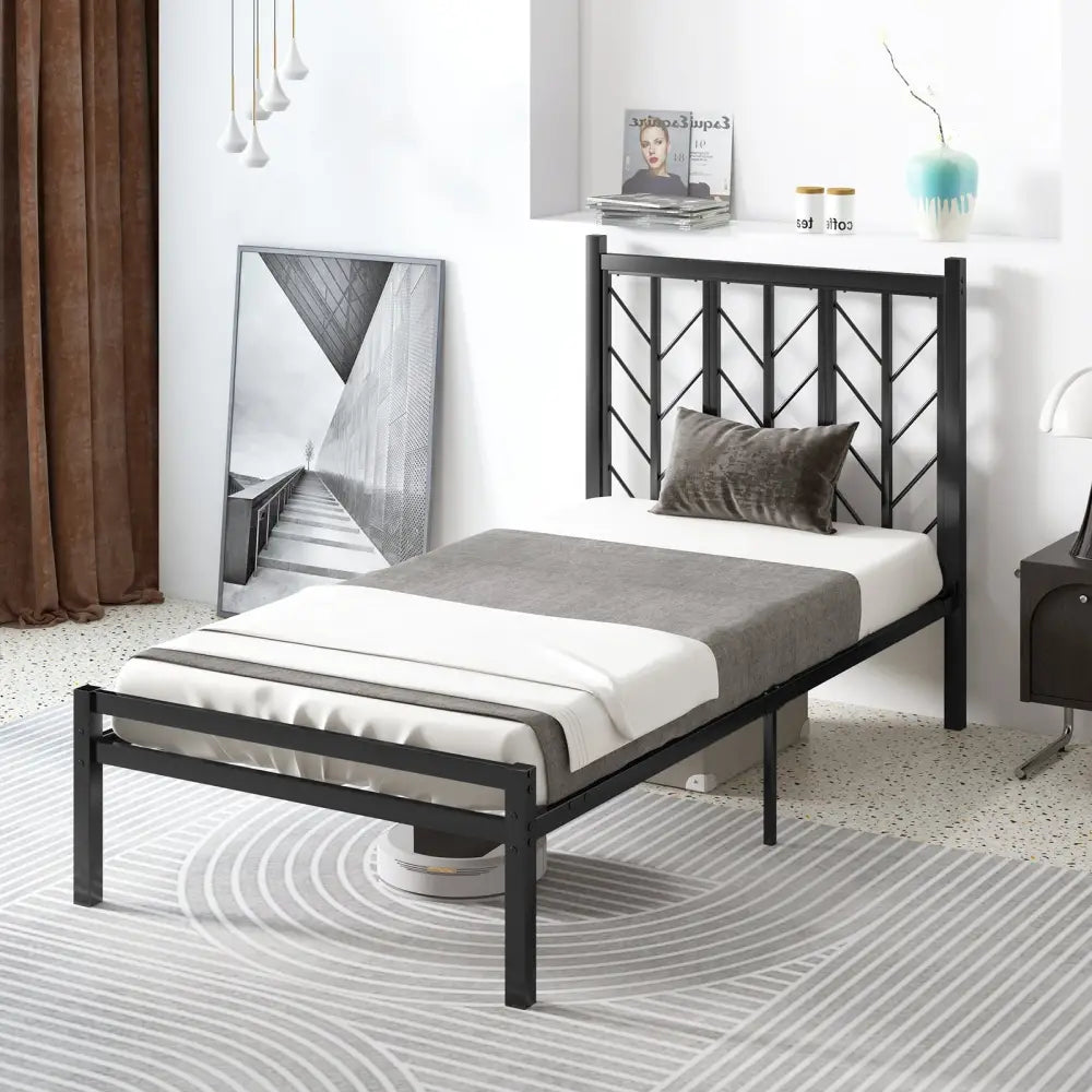 Twin Size Platform Bed with Headboard and Metal Frame-Twin Size - Black - Simple Bed Frame