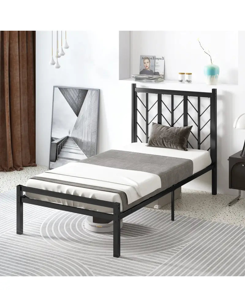 Twin Size Platform Bed with Headboard and Metal Frame-Twin Size - Black - Simple Bed Frame