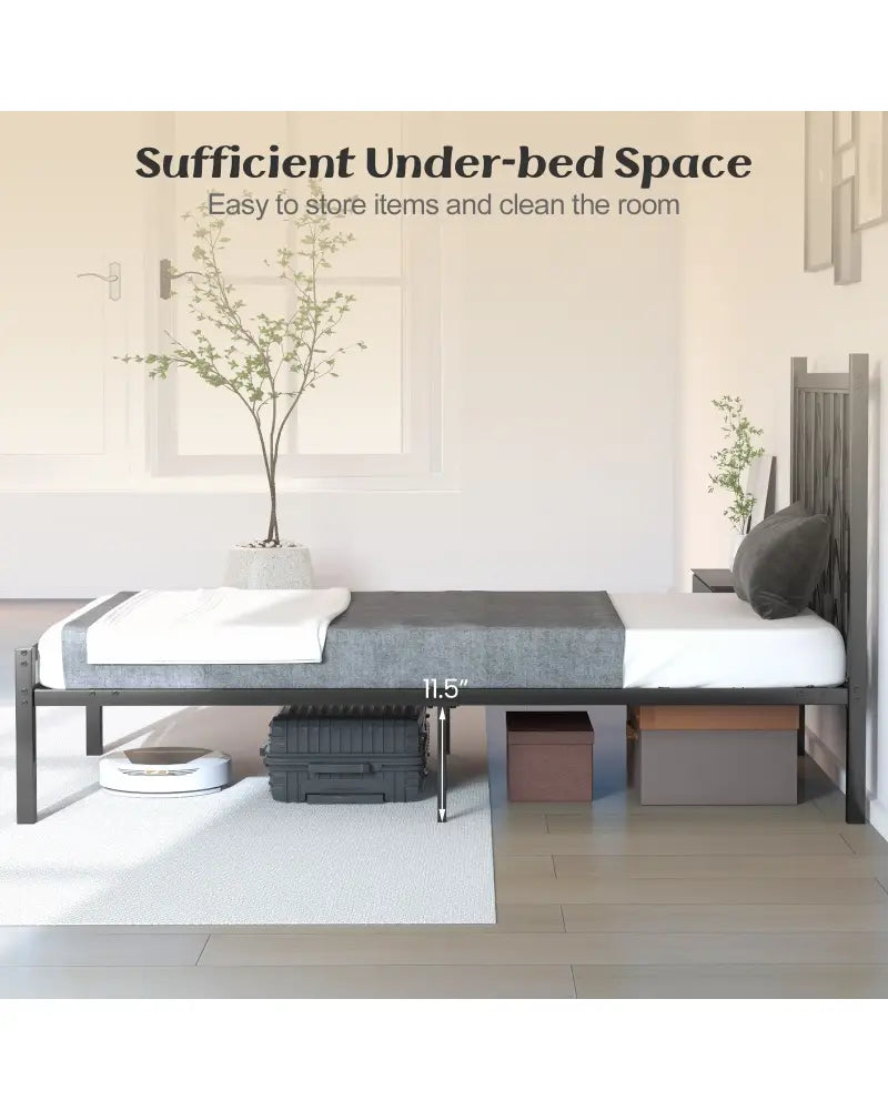 Twin Size Platform Bed with Headboard and Metal Frame-Twin Size - Black - Simple Bed Frame