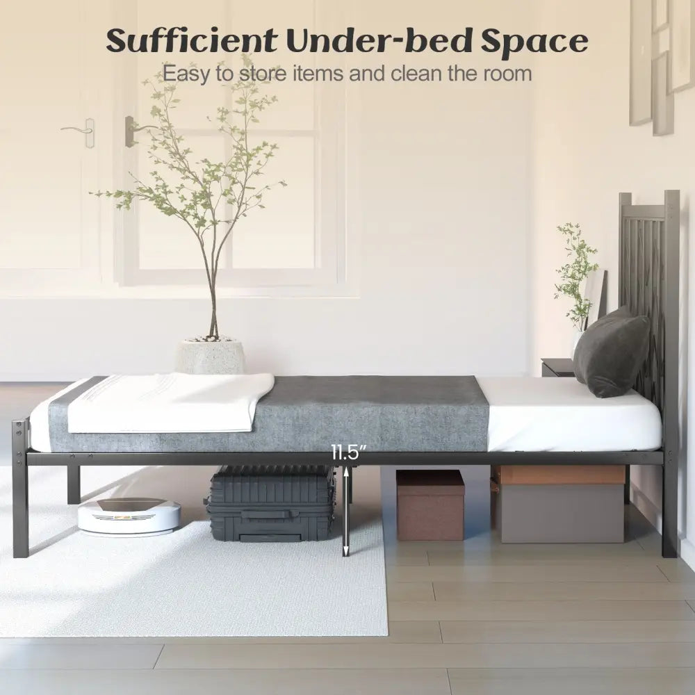 Twin Size Platform Bed with Headboard and Metal Frame-Twin Size - Black - Simple Bed Frame