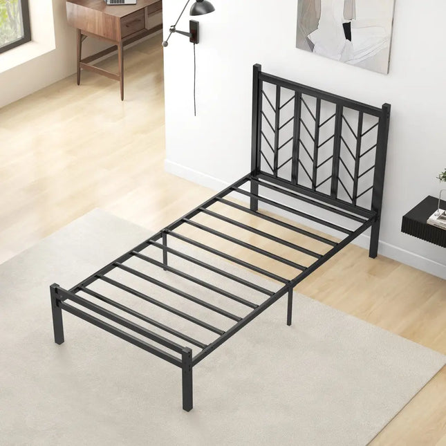 Twin Size Platform Bed with Headboard and Metal Frame-Twin Size - Black - Simple Bed Frame