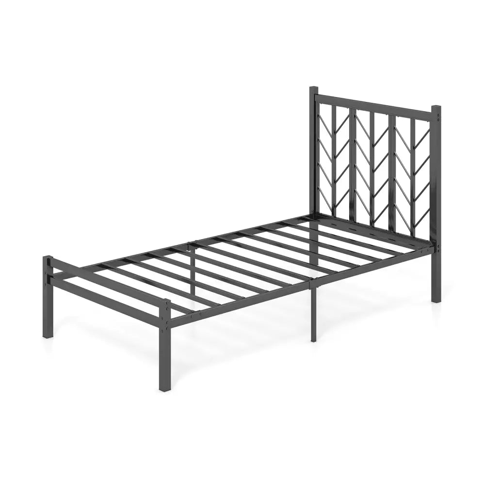 Twin Size Platform Bed with Headboard and Metal Frame-Twin Size - Black - Simple Bed Frame