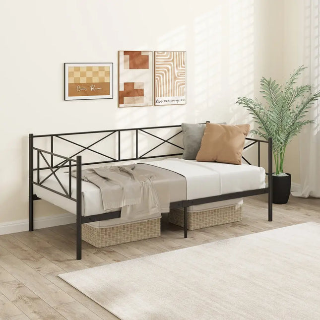 Twin Size Platform Bed with Heavy-duty Metal Slat Support-White - White - Trundle Bed Frame