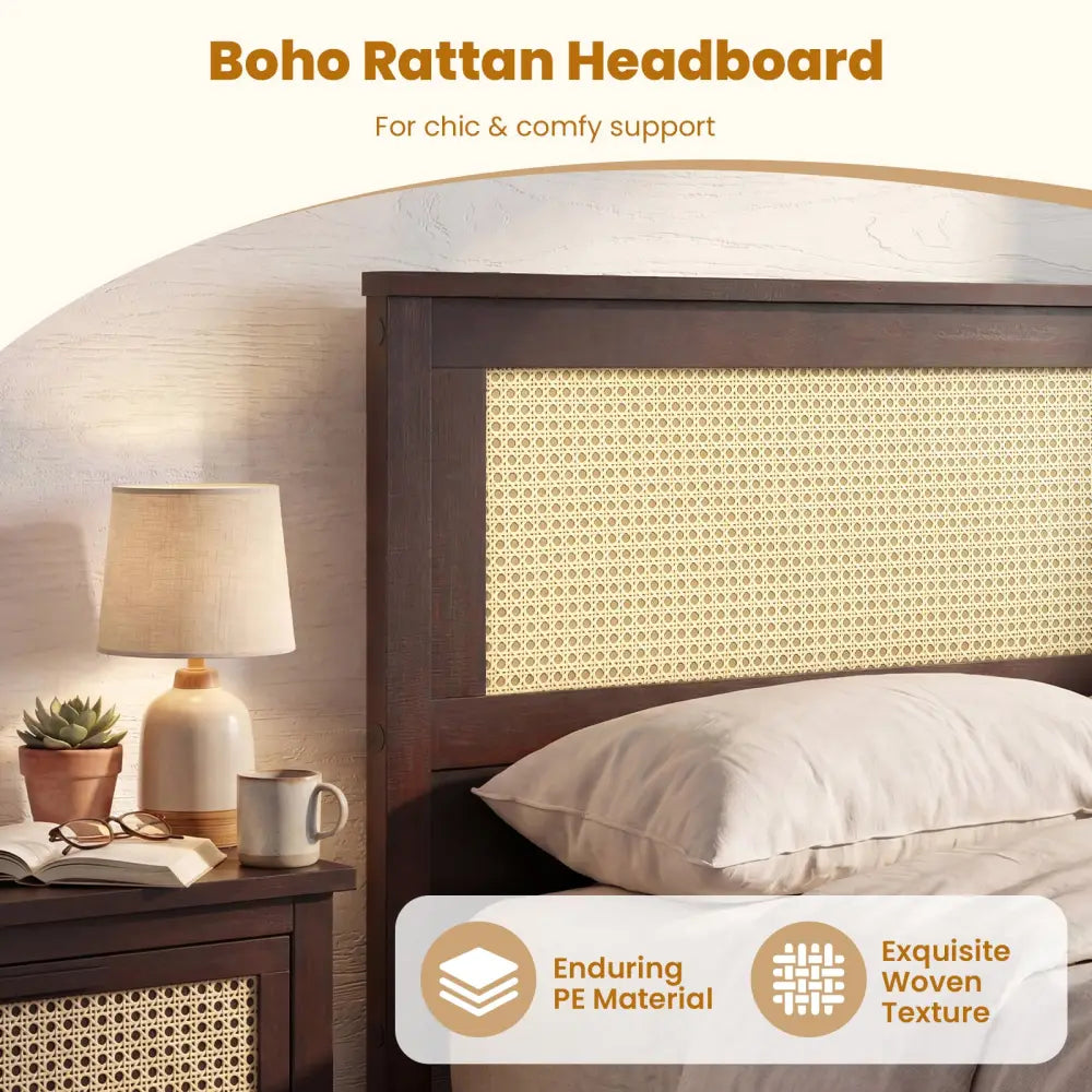 Twin Size Rattan Bed Frame with Storage Drawers-Coffee - Coffee - Trundle Bed Frame