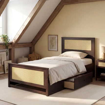 Twin Size Rattan Bed Frame with Storage Drawers-Coffee - Coffee - Trundle Bed Frame