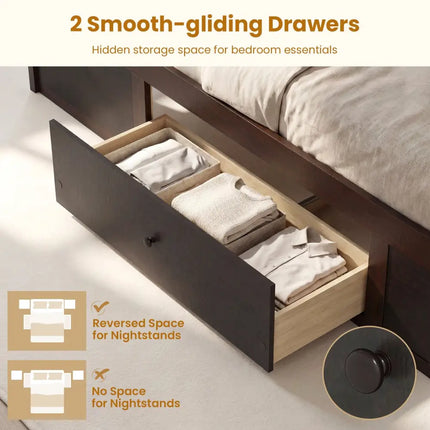 Twin Size Rattan Bed Frame with Storage Drawers-Coffee - Coffee - Trundle Bed Frame
