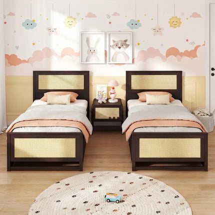 Twin Size Rattan Bed Frame with Storage Drawers-Coffee - Coffee - Trundle Bed Frame