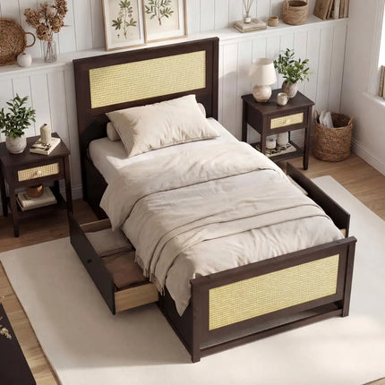 Twin Size Rattan Bed Frame with Storage Drawers-Coffee - Coffee - Trundle Bed Frame