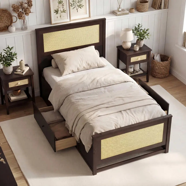 Twin Size Rattan Bed Frame with Storage Drawers-Coffee - Coffee - Trundle Bed Frame