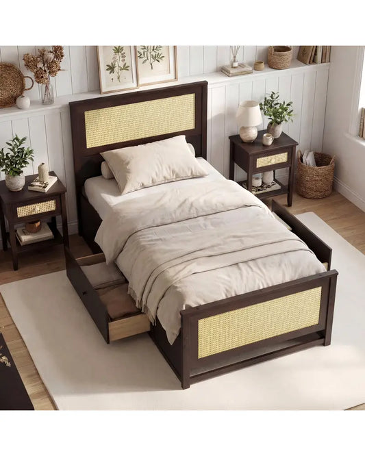 Twin Size Rattan Bed Frame with Storage Drawers-Coffee - Coffee - Trundle Bed Frame