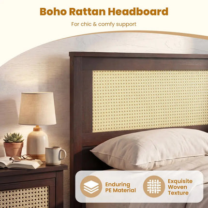 Twin Size Rattan Bed Frame with Storage Drawers-Coffee - Coffee - Trundle Bed Frame