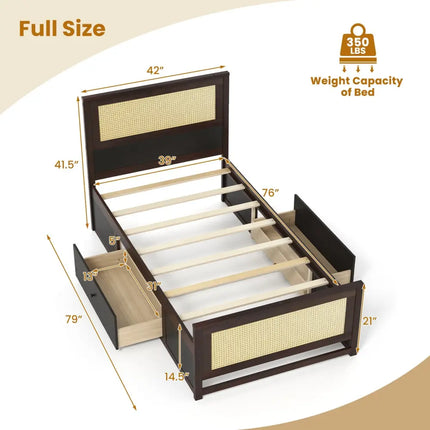 Twin Size Rattan Bed Frame with Storage Drawers-Coffee - Coffee - Trundle Bed Frame