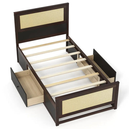 Twin Size Rattan Bed Frame with Storage Drawers-Coffee - Coffee - Trundle Bed Frame