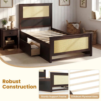 Twin Size Rattan Bed Frame with Storage Drawers-Coffee - Coffee - Trundle Bed Frame