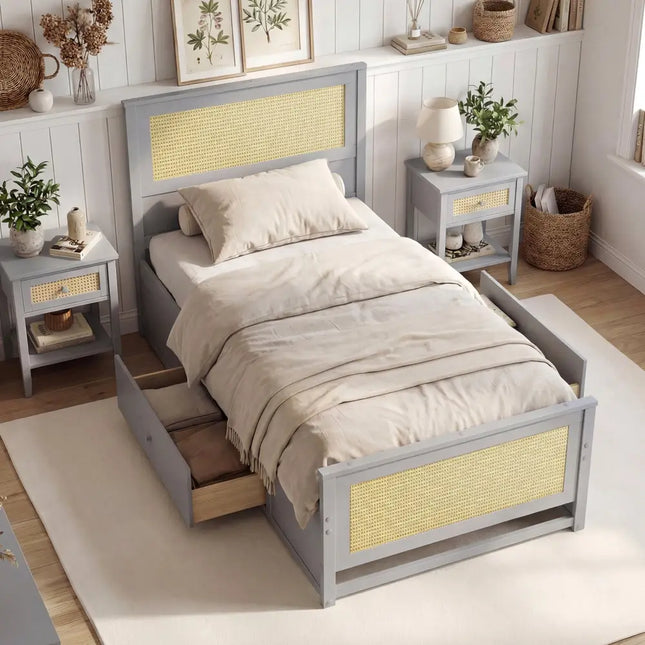 Twin Size Rattan Bed Frame with Storage Drawers-Gray - Gray - Trundle Bed Frame