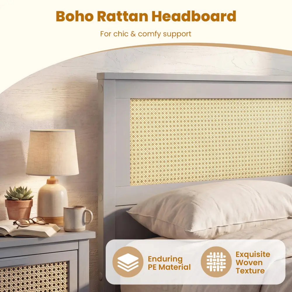 Twin Size Rattan Bed Frame with Storage Drawers-Gray - Gray - Trundle Bed Frame