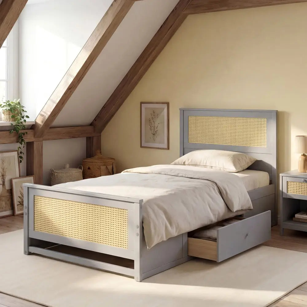 Twin Size Rattan Bed Frame with Storage Drawers-Gray - Gray - Trundle Bed Frame