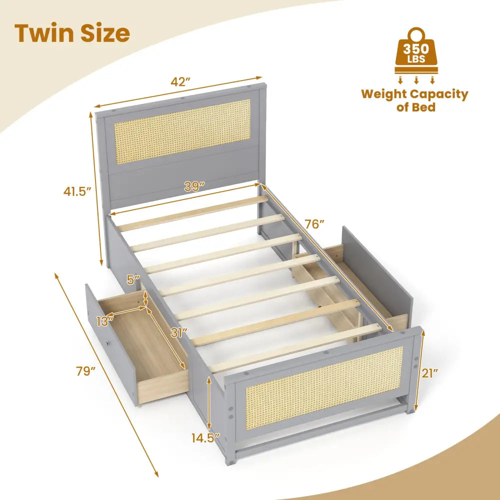 Twin Size Rattan Bed Frame with Storage Drawers-Gray - Gray - Trundle Bed Frame