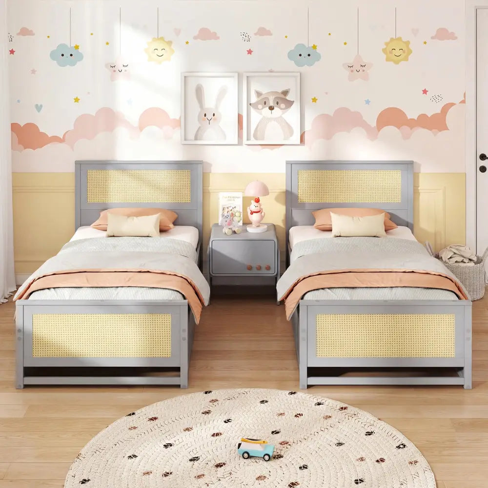Twin Size Rattan Bed Frame with Storage Drawers-Gray - Gray - Trundle Bed Frame