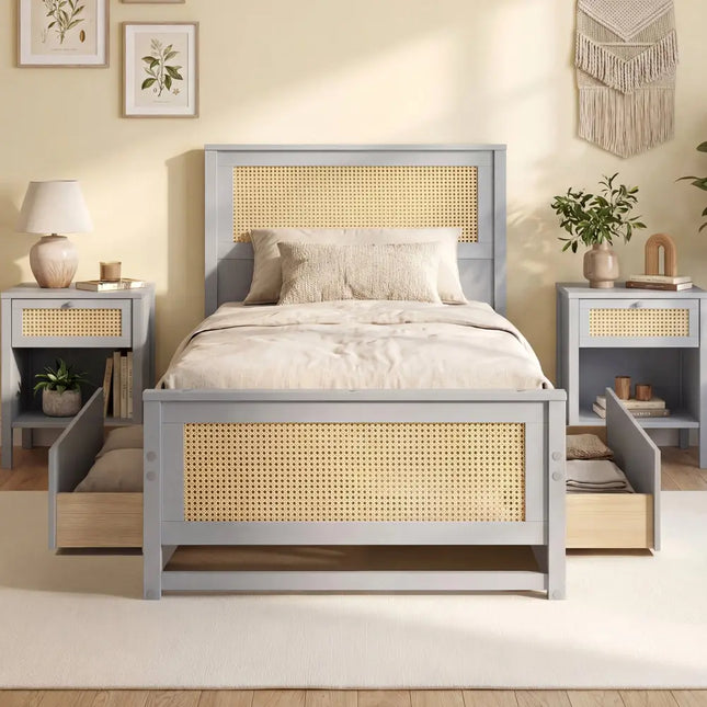 Twin Size Rattan Bed Frame with Storage Drawers-Gray - Gray - Trundle Bed Frame