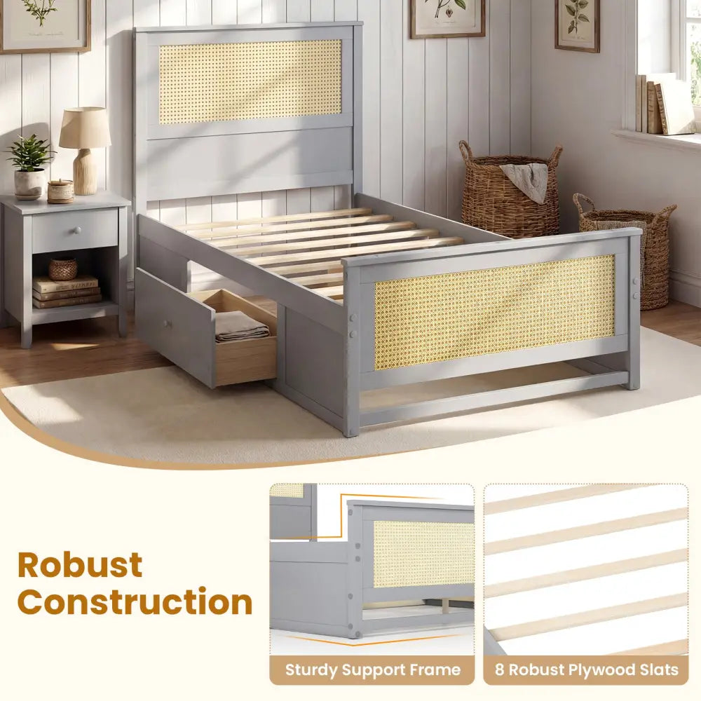 Twin Size Rattan Bed Frame with Storage Drawers-Gray - Gray - Trundle Bed Frame