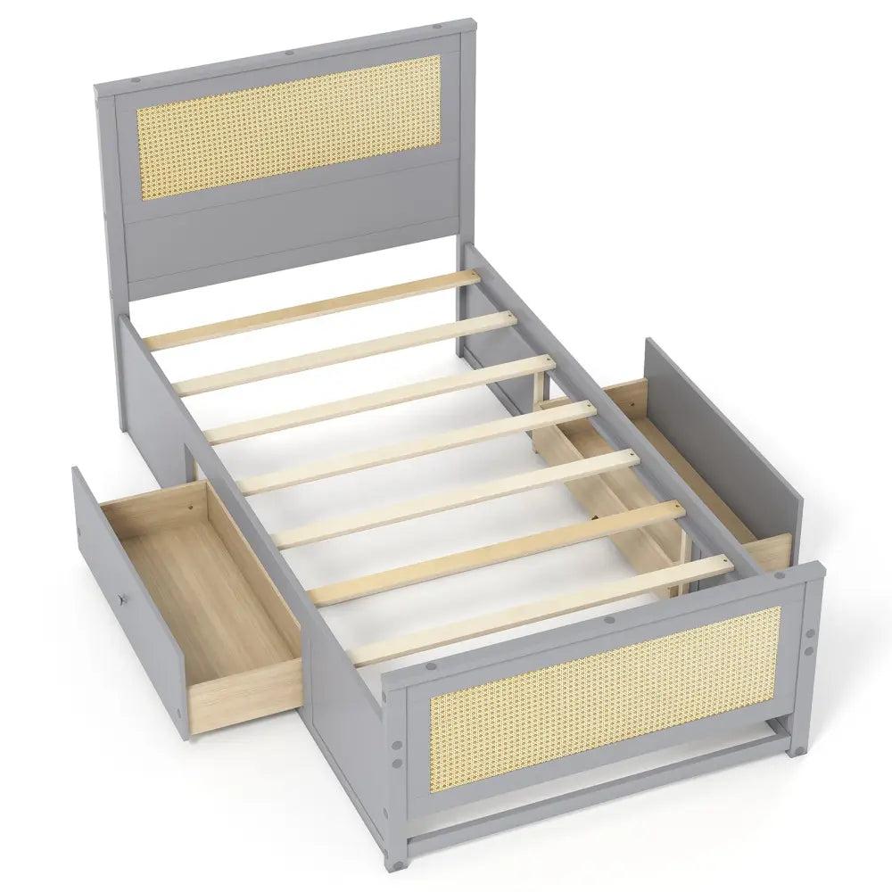 Twin Size Rattan Bed Frame with Storage Drawers-Gray - Gray - Trundle Bed Frame