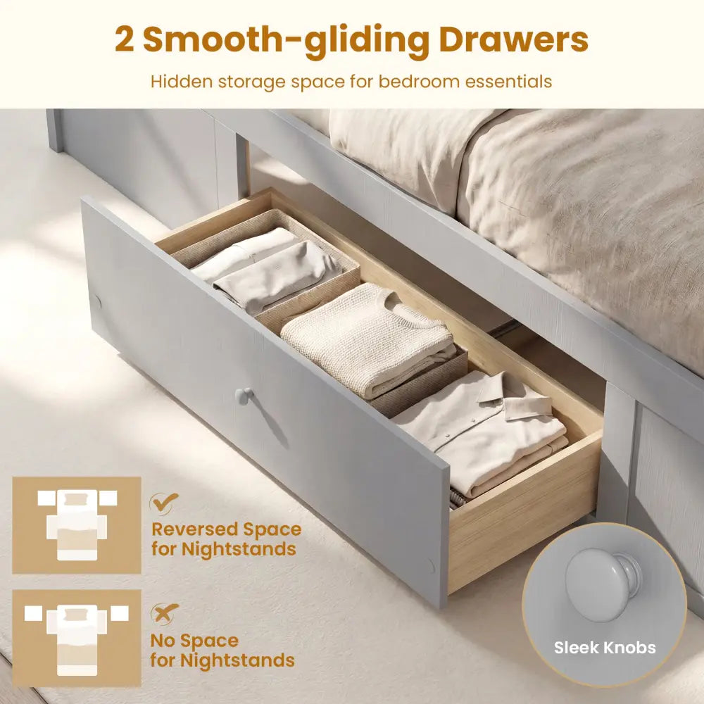 Twin Size Rattan Bed Frame with Storage Drawers-Gray - Gray - Trundle Bed Frame