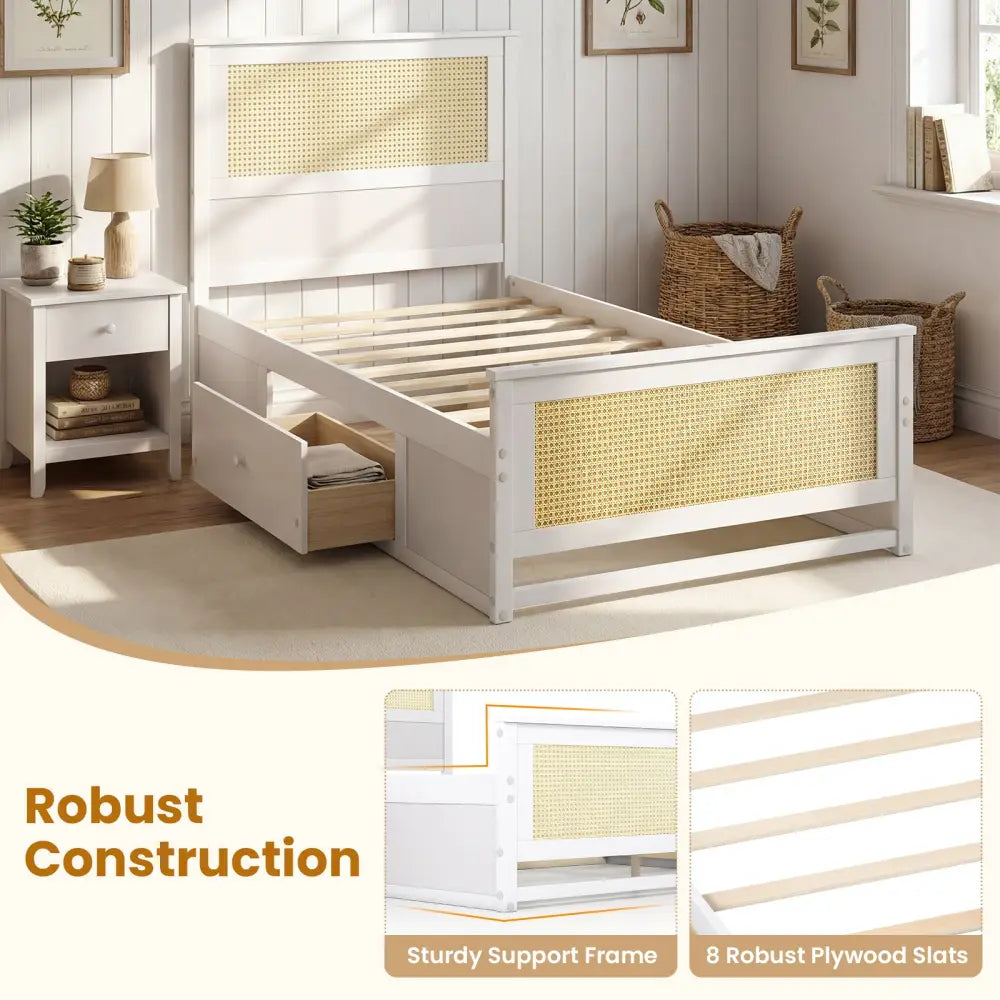 Twin Size Rattan Bed Frame with Storage Drawers-White - White - Trundle Bed Frame