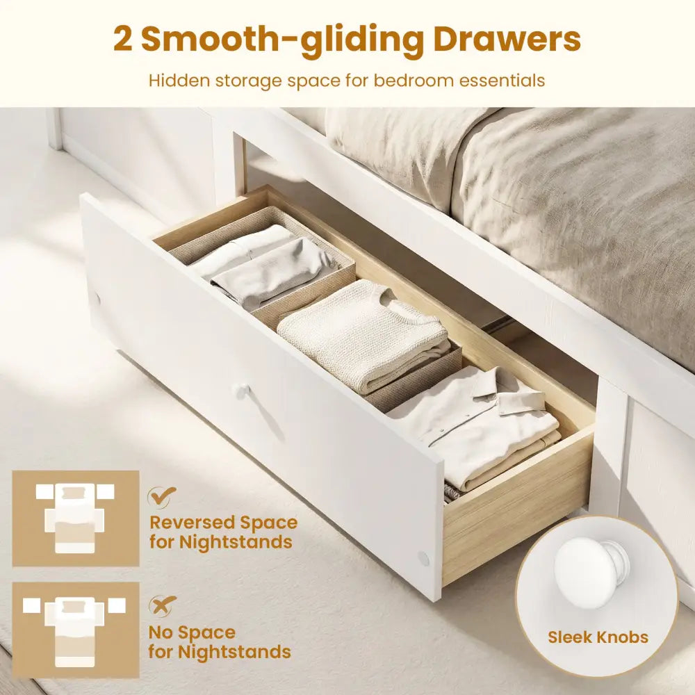 Twin Size Rattan Bed Frame with Storage Drawers-White - White - Trundle Bed Frame