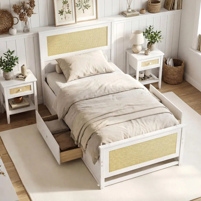 Twin Size Rattan Bed Frame with Storage Drawers-White - White - Trundle Bed Frame
