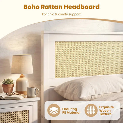 Twin Size Rattan Bed Frame with Storage Drawers-White - White - Trundle Bed Frame