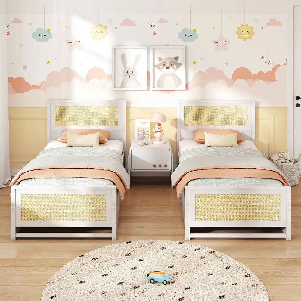 Twin Size Rattan Bed Frame with Storage Drawers-White - White - Trundle Bed Frame