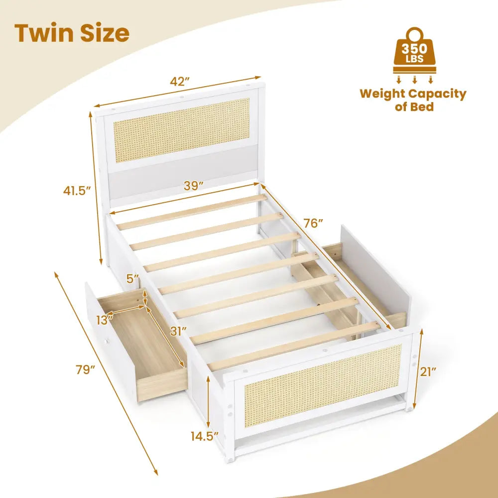 Twin Size Rattan Bed Frame with Storage Drawers-White - White - Trundle Bed Frame