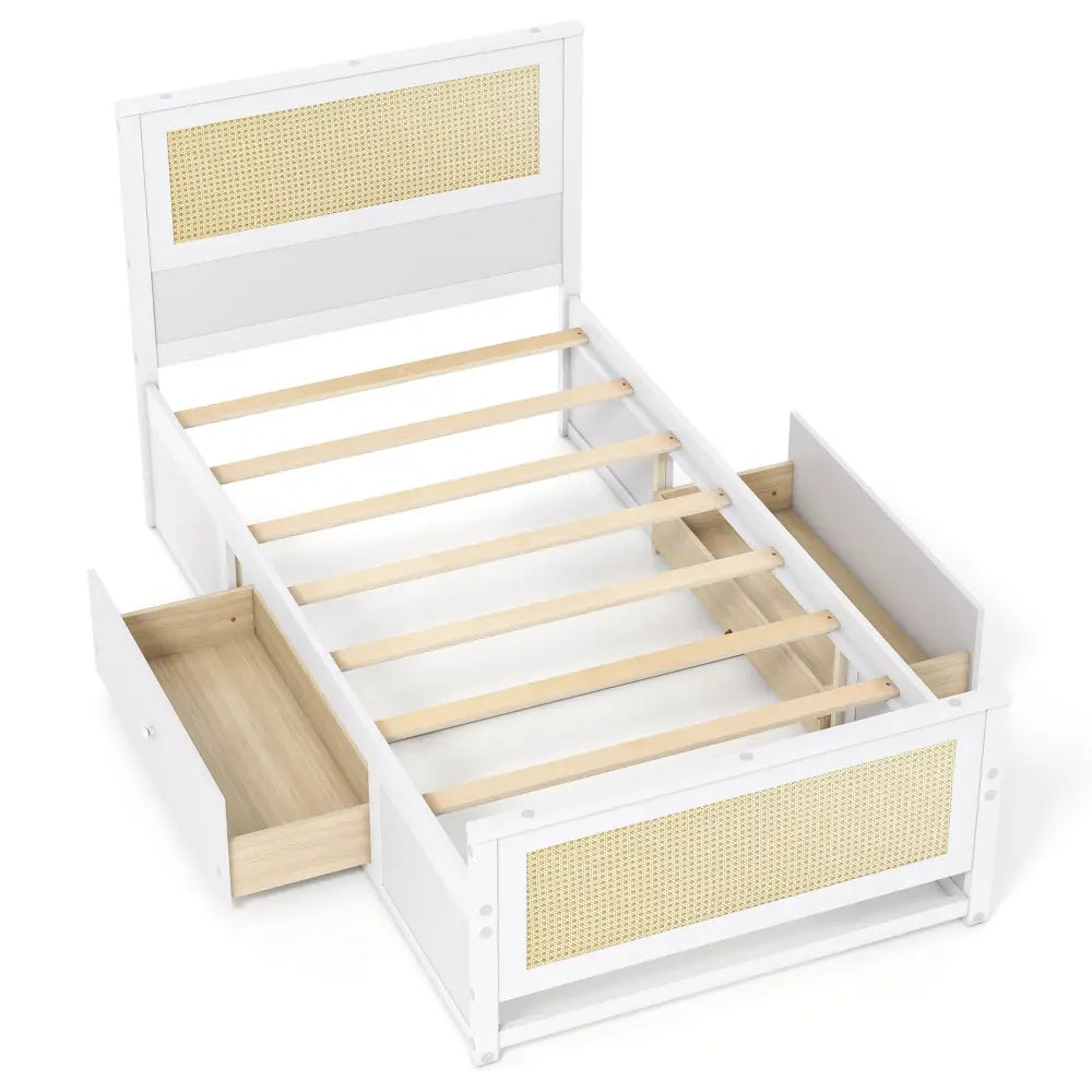 Twin Size Rattan Bed Frame with Storage Drawers-White - White - Trundle Bed Frame