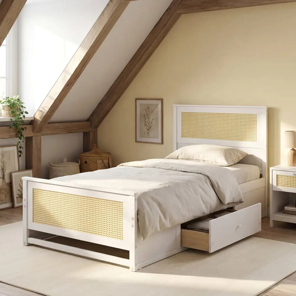 Twin Size Rattan Bed Frame with Storage Drawers-White - White - Trundle Bed Frame