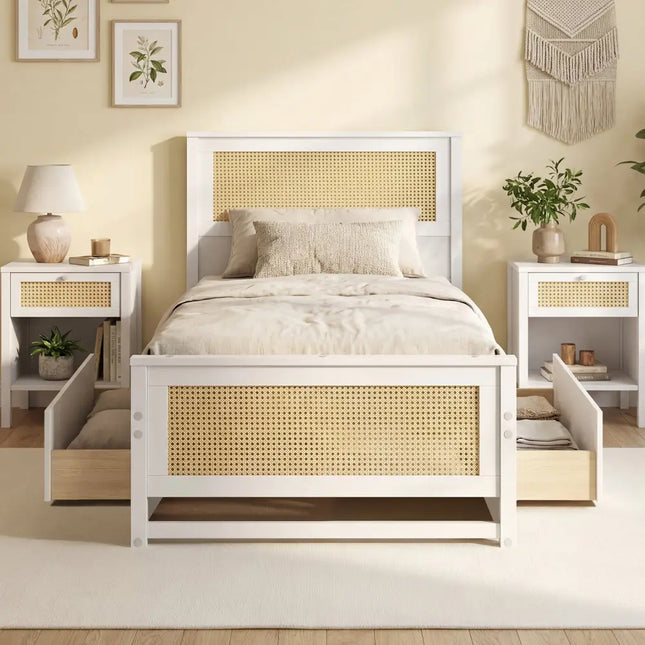 Twin Size Rattan Bed Frame with Storage Drawers-White - White - Trundle Bed Frame